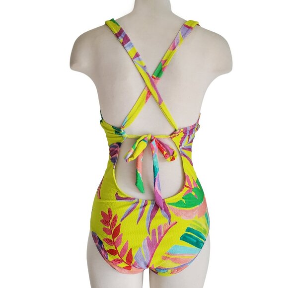 Becca Rebecca Virtue Costa Bella Yellow Tropical Print Plunge One Piece Swimsuit - Picture 2 of 16